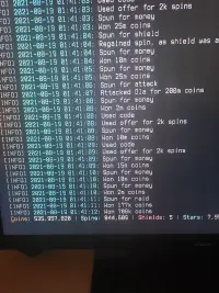 Terminal logs showing repeated exploit-triggered spin rewards in Coinmaster.