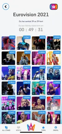 Melodifestivalen account view showing cards owned in-app.