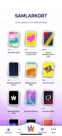 Melodifestivalen app card collection overview with multiple packs.
